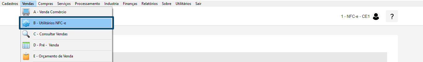 Caminho para chegar ao 'Utilitários NFCe' pelo MC Sistemas