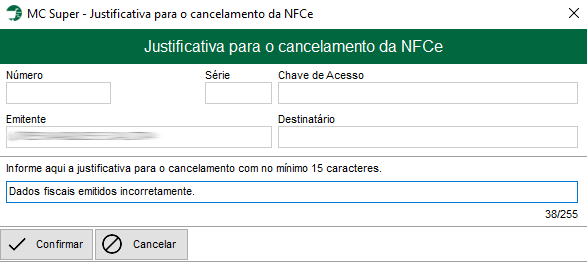 Janela onde se faz a descrição de cancelamento do cupom eletrônico